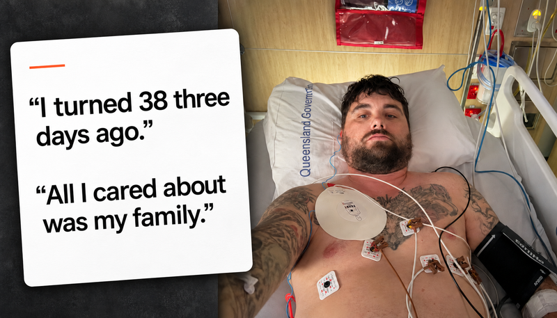 A BA member in hospital after a heart attack at 38, beside excerpts from his post about his family.