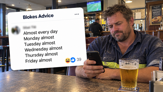 A tradie at a local pub looking fed up with his phone, beside the redacted Blokes Advice almost every day comment.