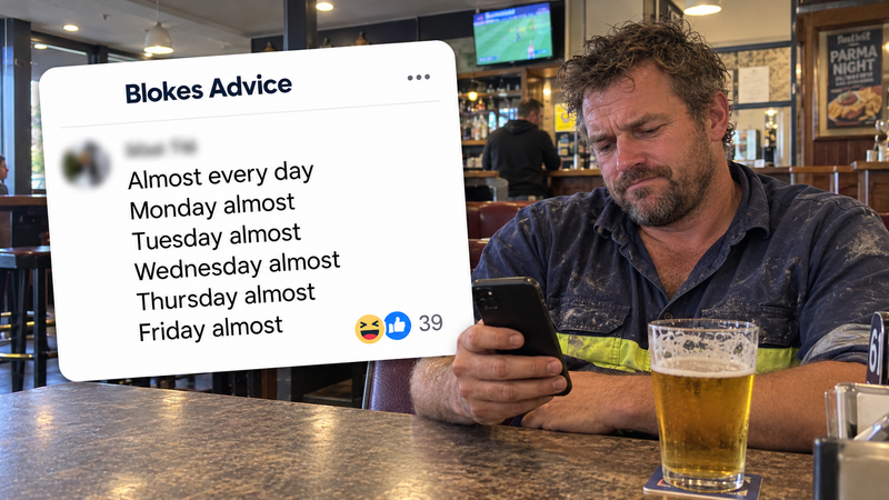 A tradie at a local pub looking fed up with his phone, beside the redacted Blokes Advice almost every day comment.