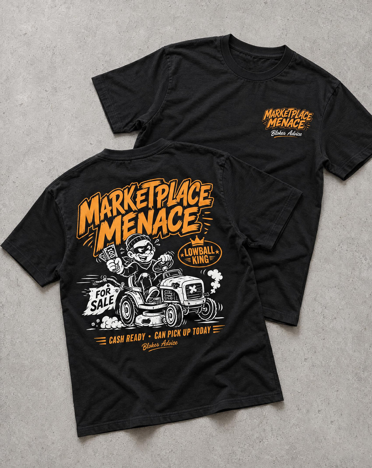 Marketplace Menace Tee flat lay showing the orange back print and small front chest logo on a black tee