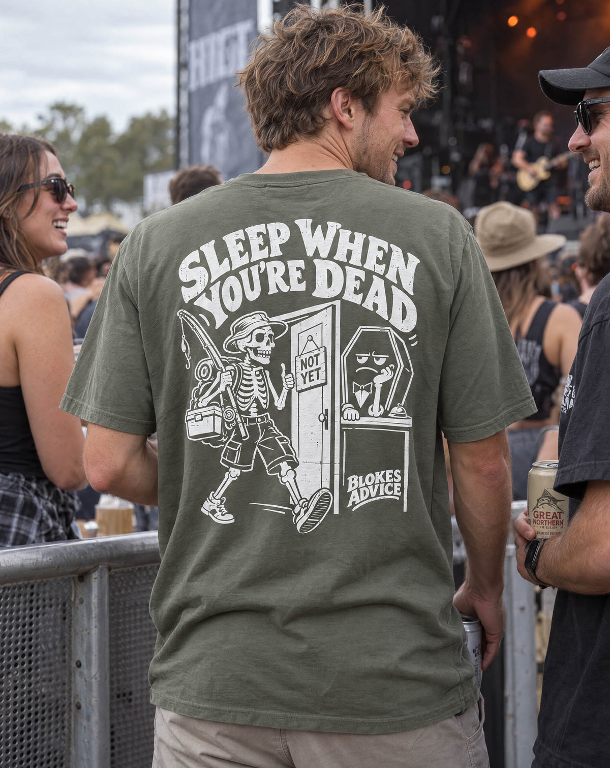 Blokes Advice Sleep Later Tee in Army