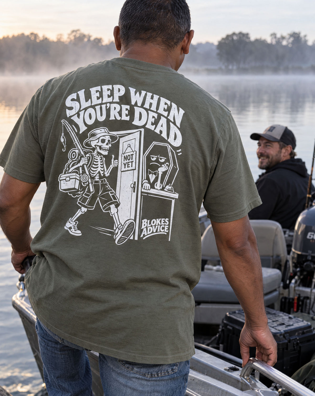 Blokes Advice Sleep Later Tee in Army