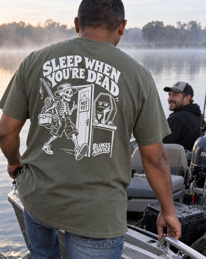 Blokes Advice Sleep Later Tee in Army