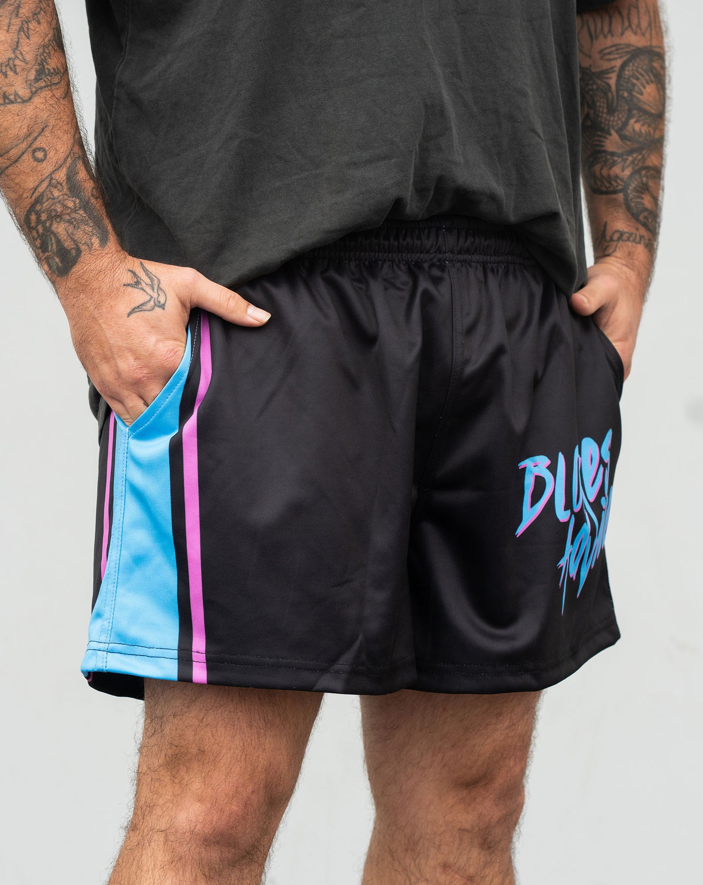 Vibes Footy Shorts - Black/Pink/Blue